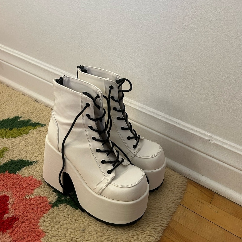 Demonia White Lace Up Platform Boots